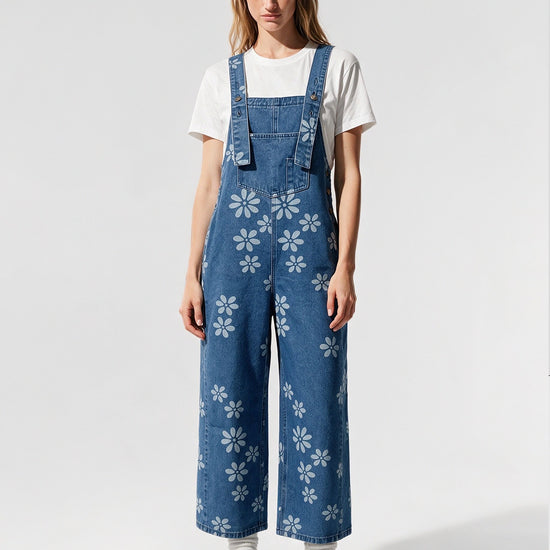 Flower Print Wide Leg Denim Jumpsuit - Fisoew
