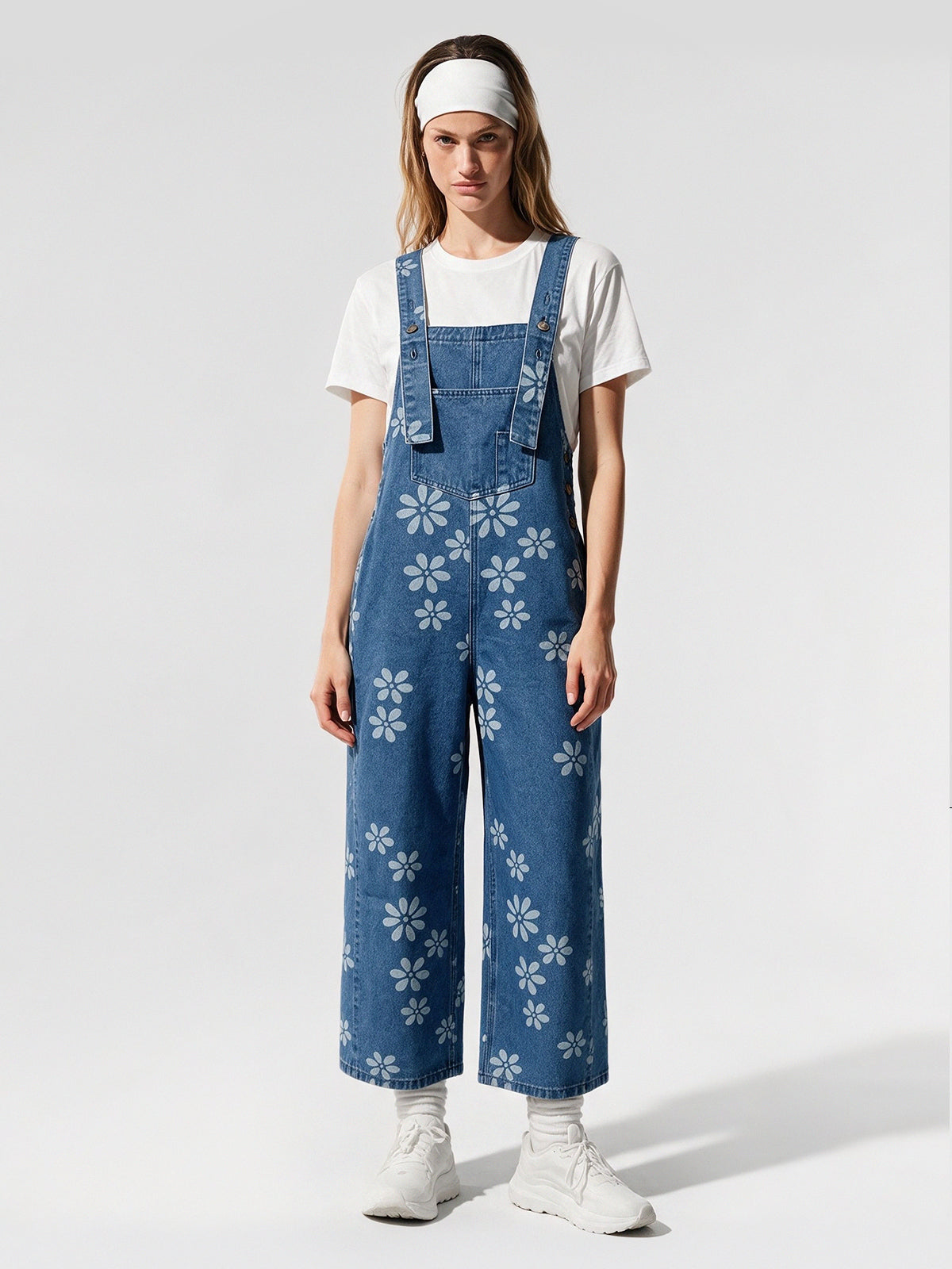 Flower Print Wide Leg Denim Jumpsuit - Fisoew