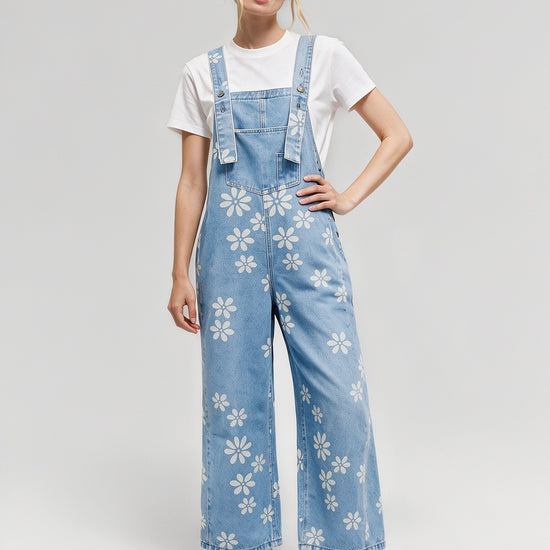 Flower Print Wide Leg Denim Jumpsuit - Fisoew