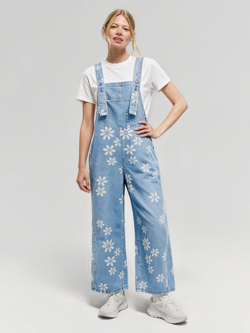Flower Print Wide Leg Denim Jumpsuit - Fisoew
