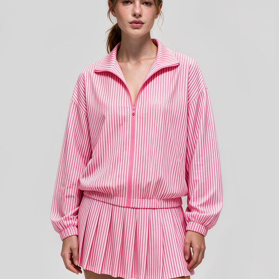 Stripe Zipper Jacket With Pleated Skirt Sets - Fisoew
