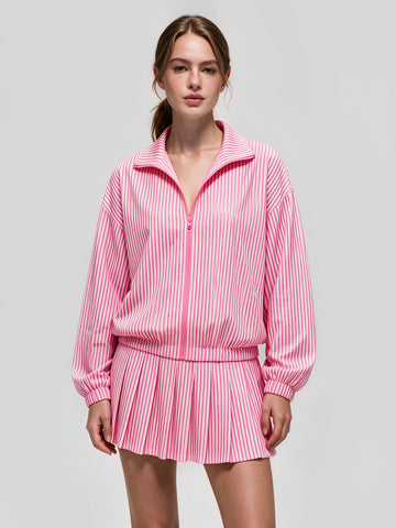 Stripe Zipper Jacket With Pleated Skirt Sets - Fisoew