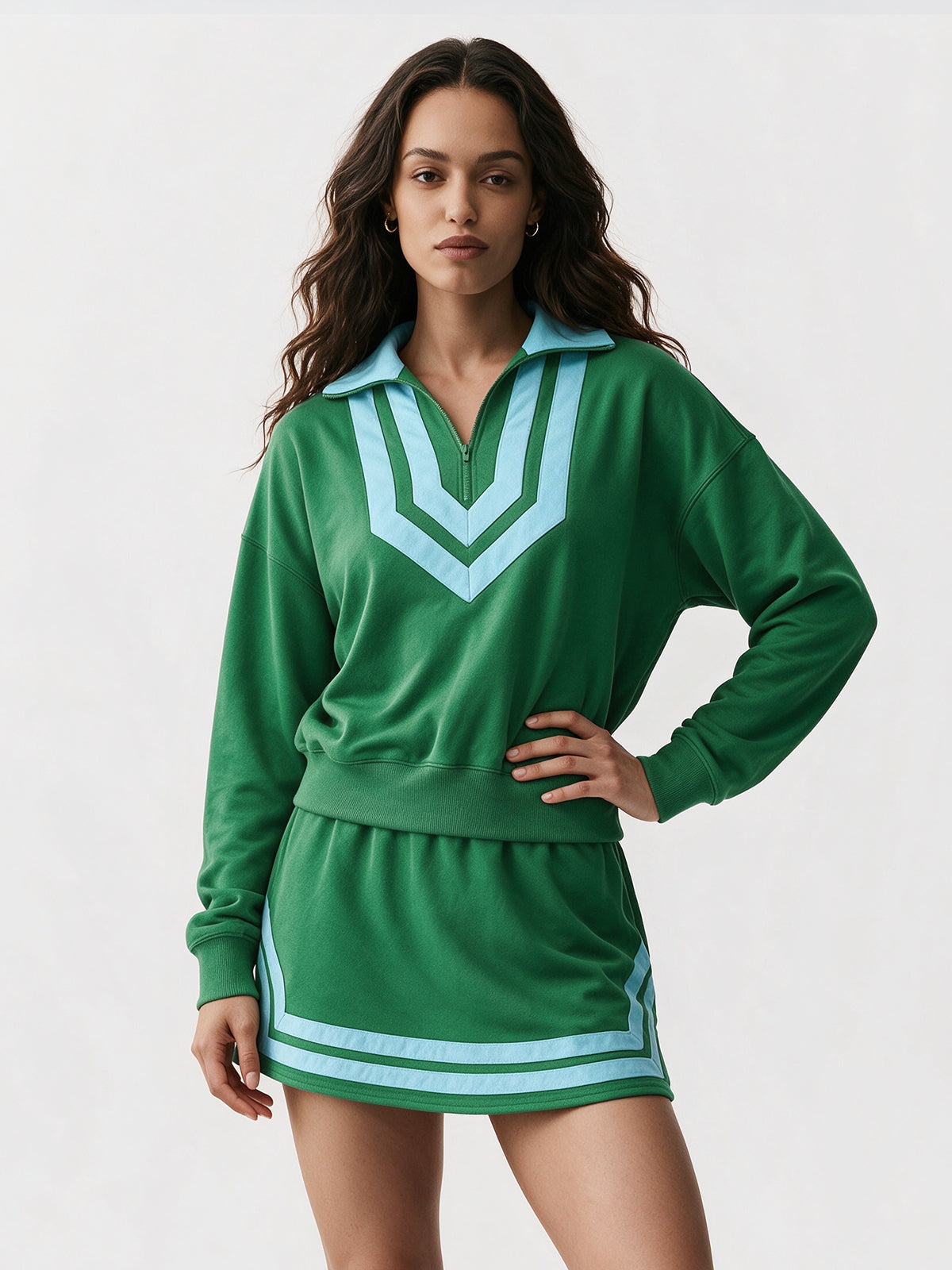 Half Zip Sweatshirt With Skirt Sets - Fisoew