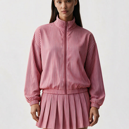 Stripe Zipper Jacket With Pleated Skirt Sets - Fisoew