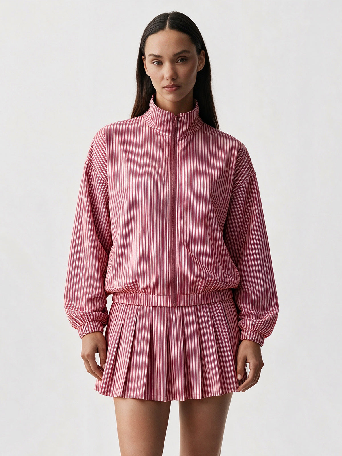 Stripe Zipper Jacket With Pleated Skirt Sets - Fisoew