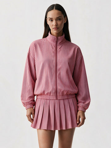 Stripe Zipper Jacket With Pleated Skirt Sets - Fisoew