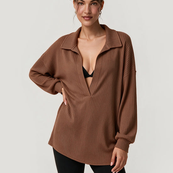Oversized Collared Ribbed Knit Shirts - Fisoew