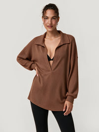 Oversized Collared Ribbed Knit Shirts - Fisoew