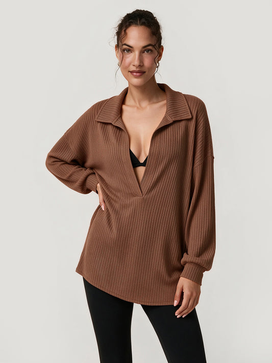 Oversized Collared Ribbed Knit Shirts - Fisoew