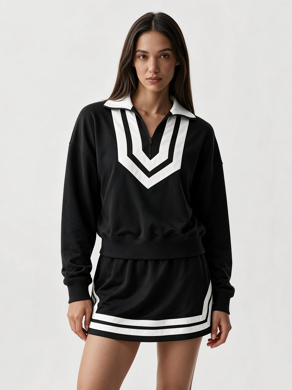 Half Zip Sweatshirt With Skirt Sets - Fisoew