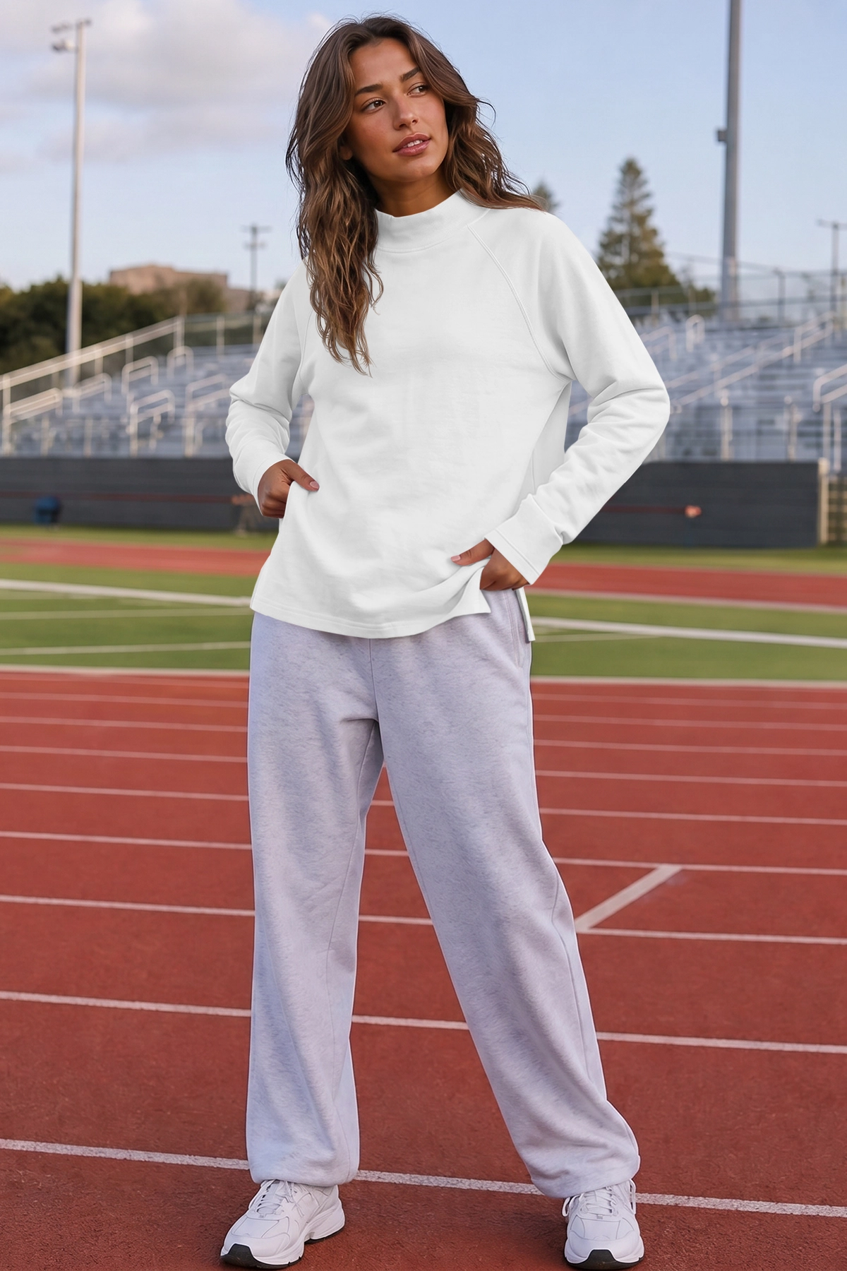Mock Neck Solid Long Sleeve Tops - Fisoew