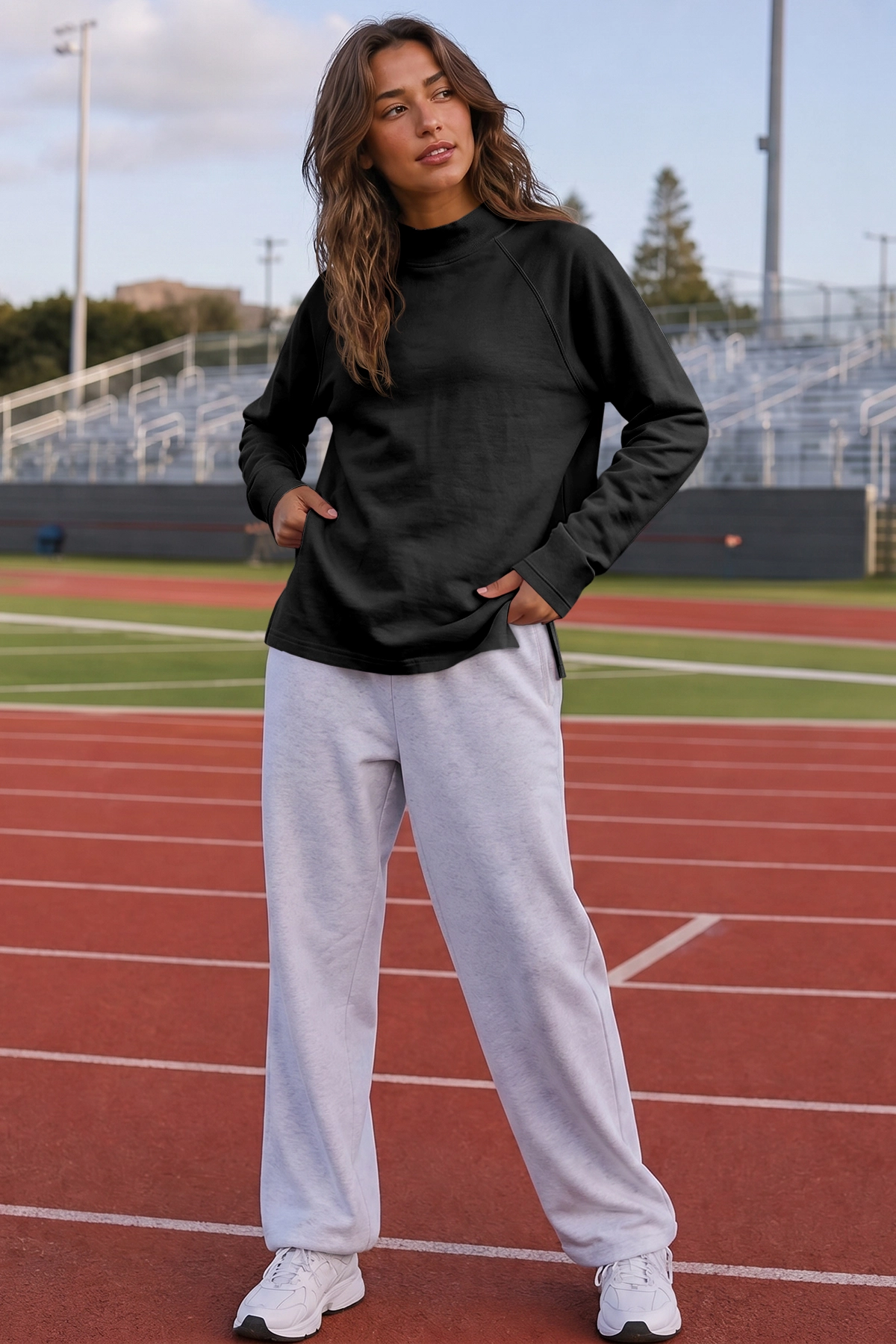 Mock Neck Solid Long Sleeve Tops - Fisoew