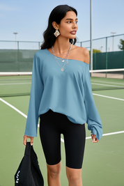 Fisoew Women's Blue Off The Shoulder Y2k Sweatshirts - Fisoew