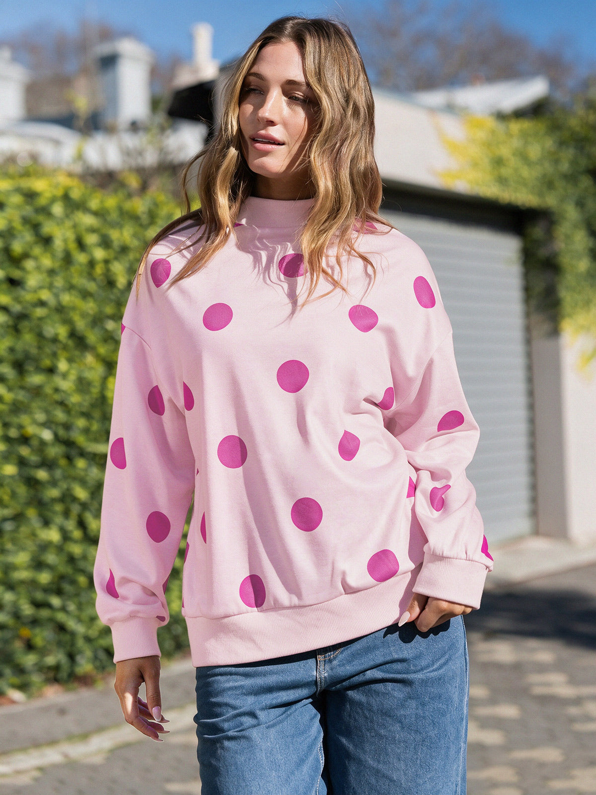 Mock Neck Long Sleeve Polka Dot Sweatshirts - Fisoew