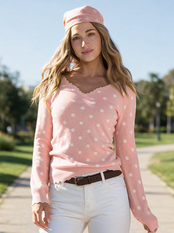Polka Dot Slim Fit Knit Long Sleeve Tops - Fisoew