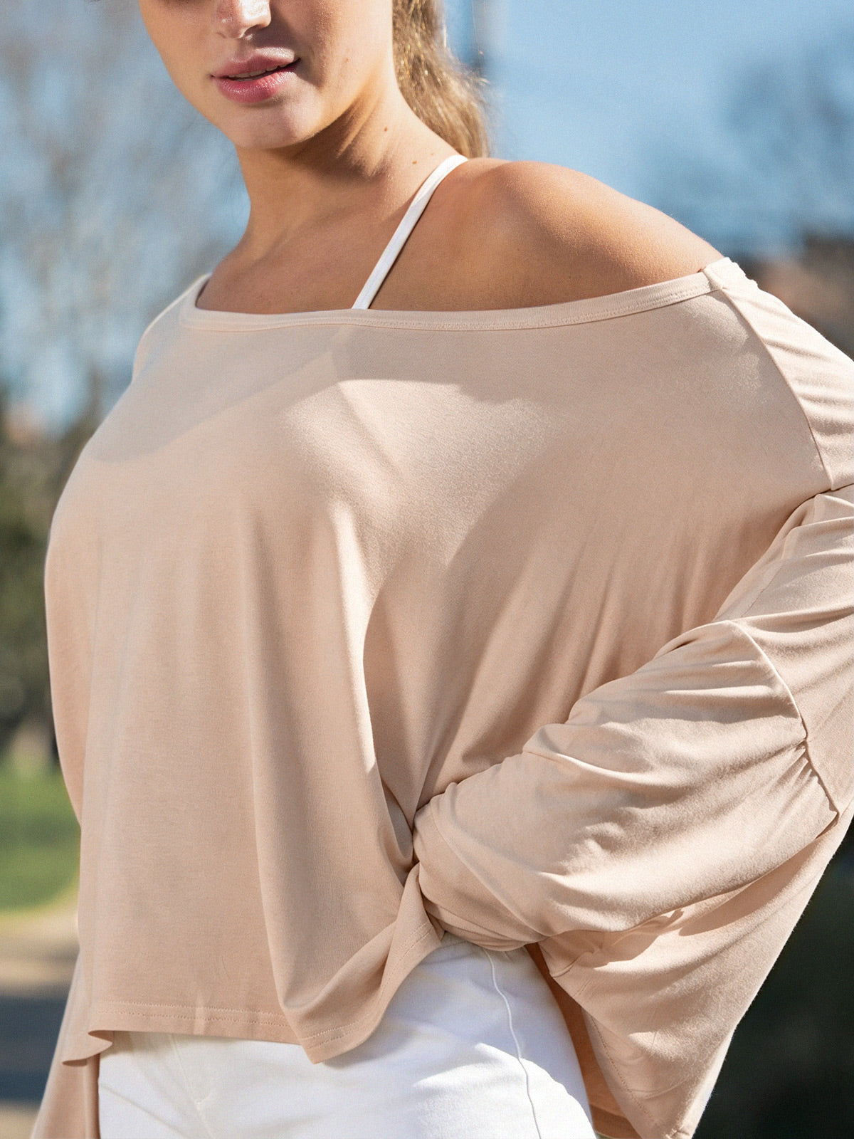 Off Shoulder Solid Long Sleeve T-Shirts - Fisoew
