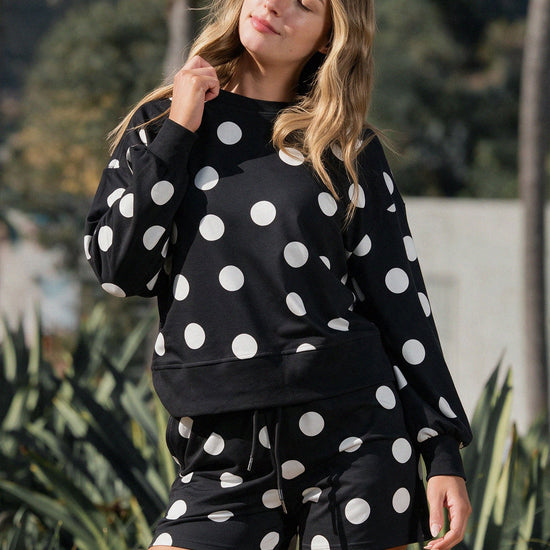 Polka Dot Sweatshirts With Short Sets - Fisoew