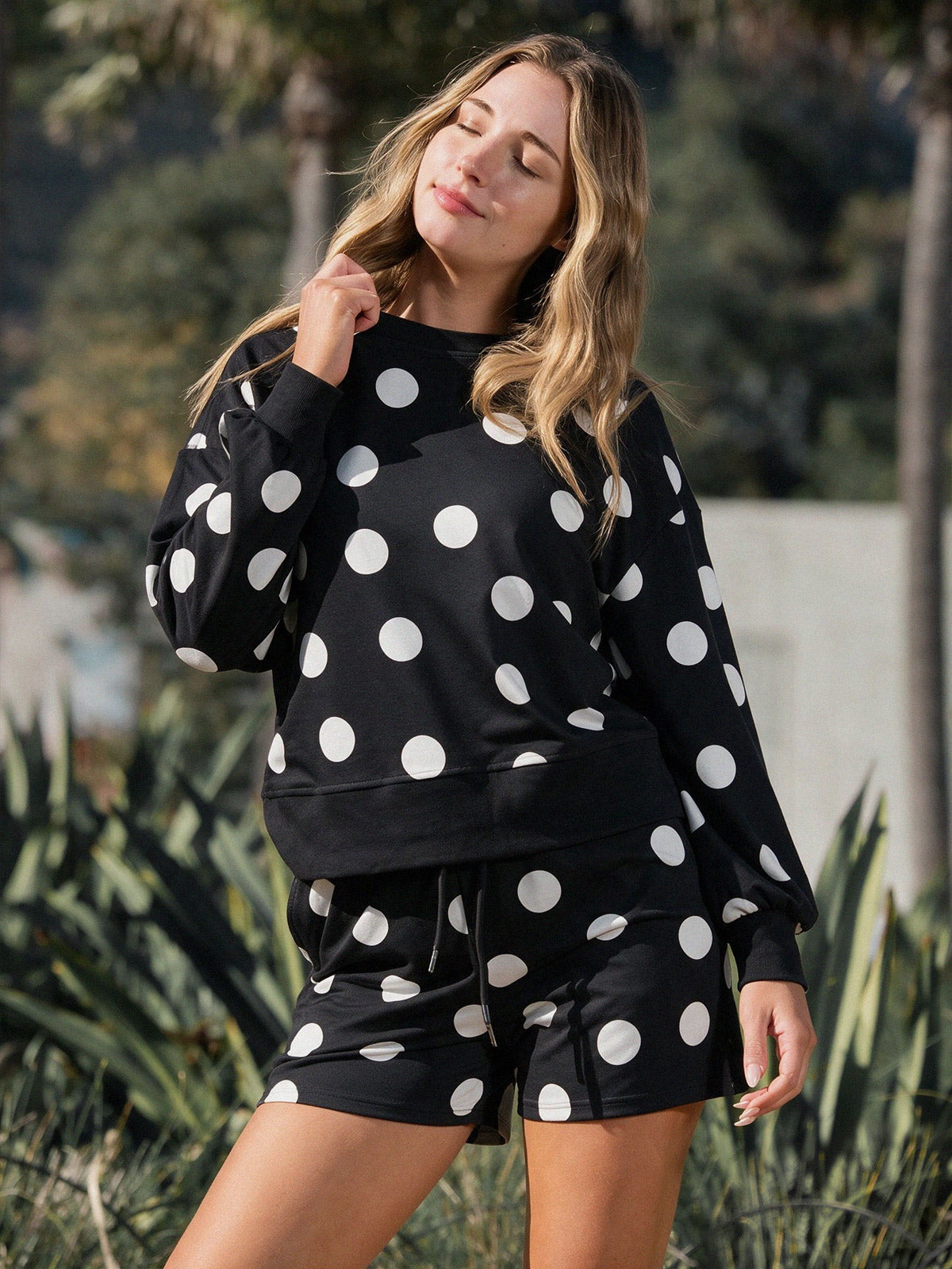 Polka Dot Sweatshirts With Short Sets - Fisoew