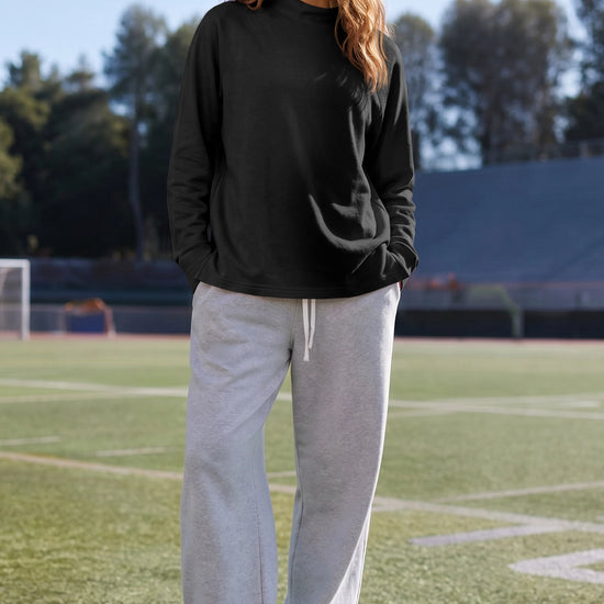 Mock Neck Solid Long Sleeve Tops - Fisoew