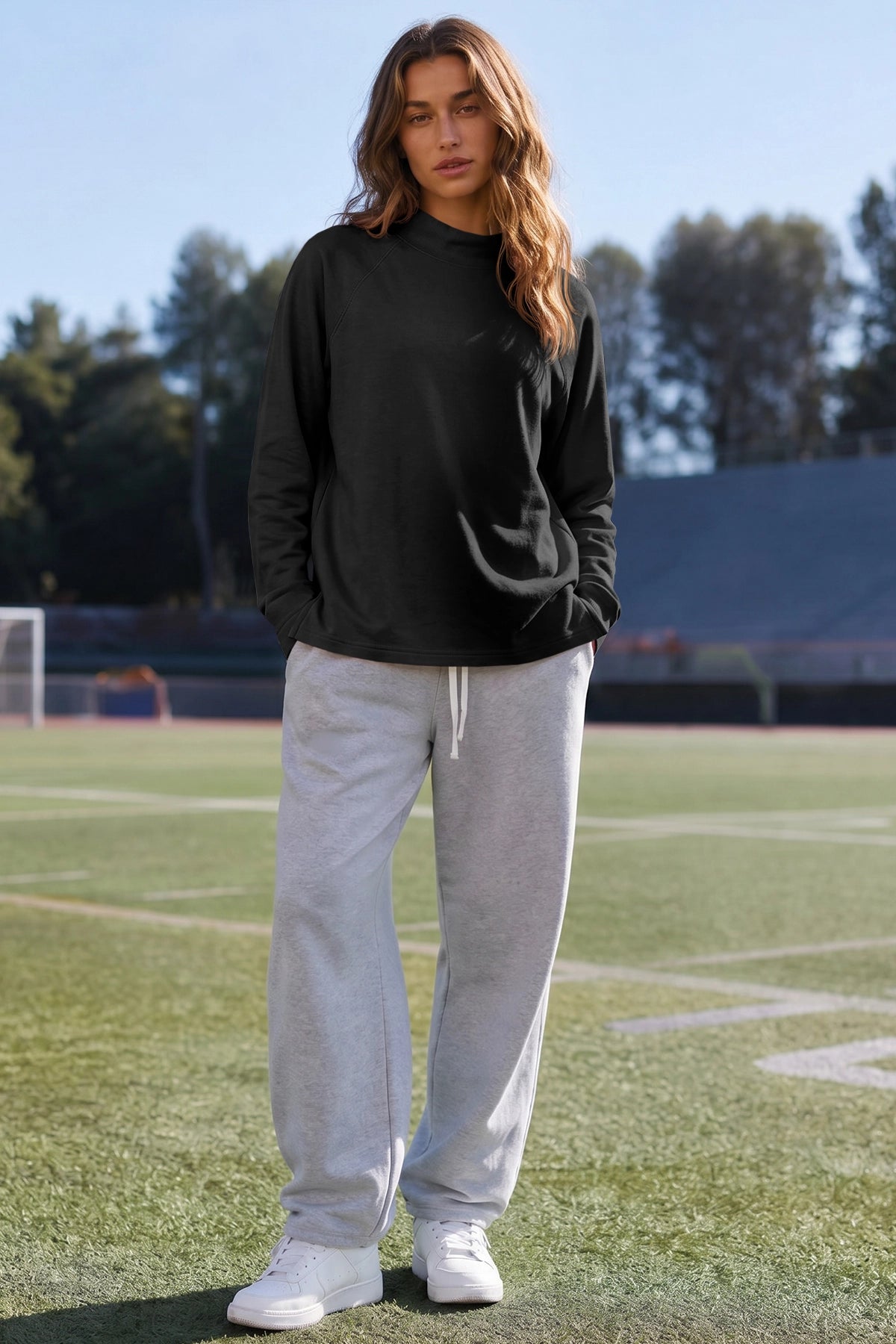 Mock Neck Solid Long Sleeve Tops - Fisoew