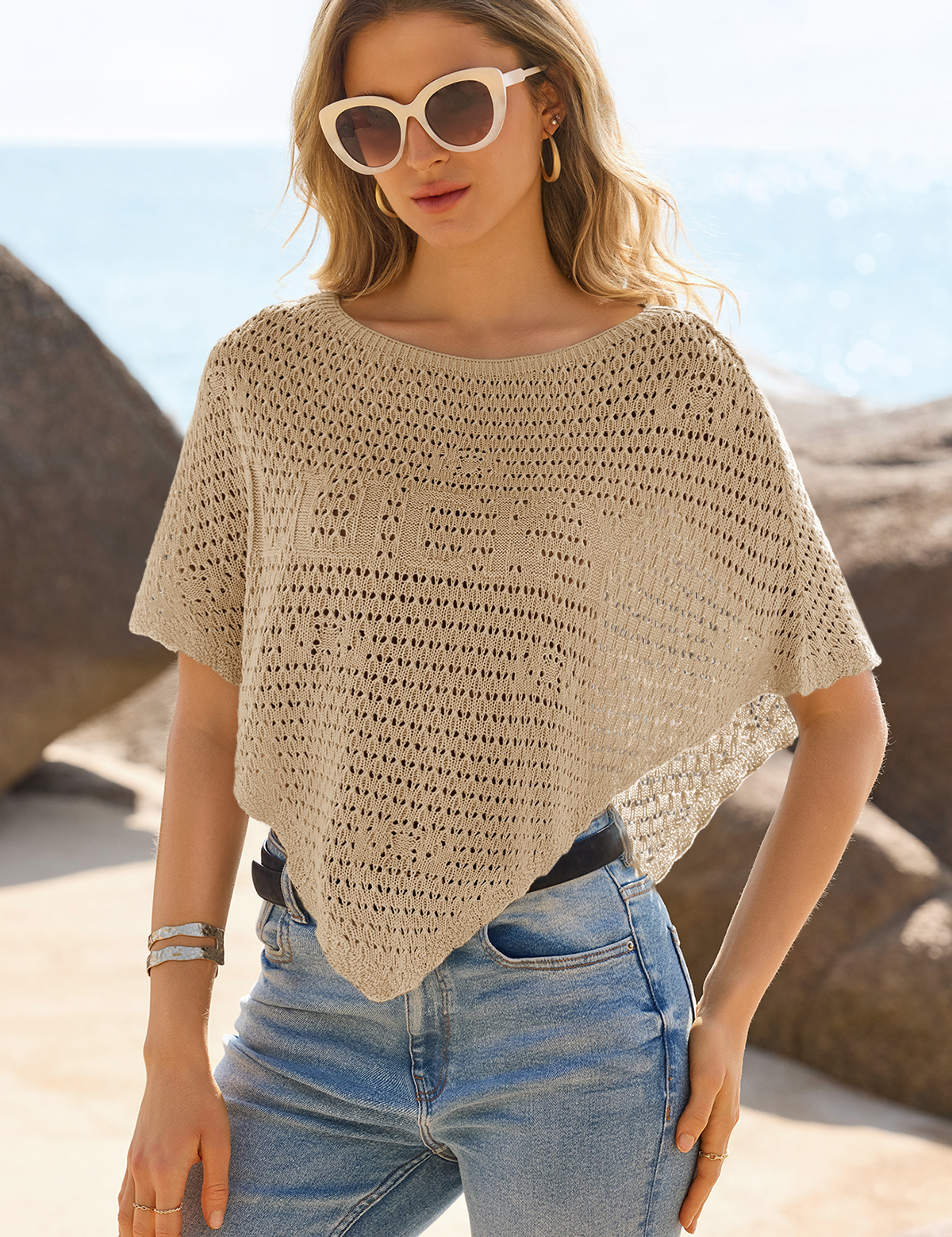 Fisoew Women's Khaki Sheer Shawl Boho Crochet Cover Ups - Fisoew