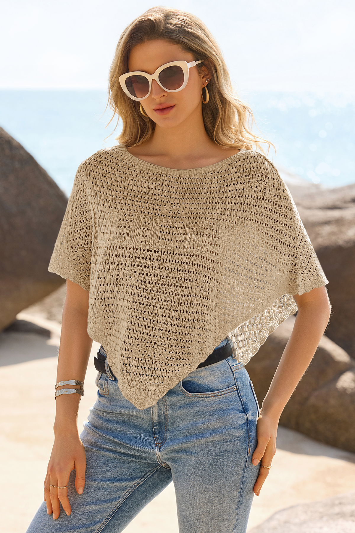 Fisoew Women's Khaki Sheer Shawl Boho Crochet Cover Ups - Fisoew