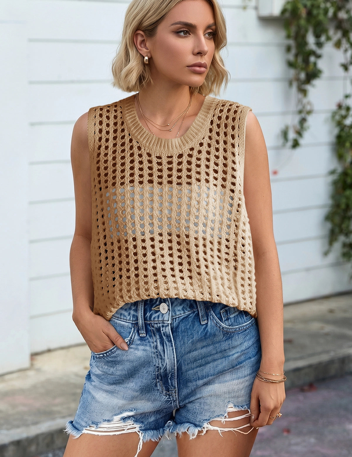 Fisoew Women's Khaki Scoop Neck Crochet Boho Cover Ups - Fisoew