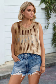 Fisoew Women's Khaki Scoop Neck Crochet Boho Cover Ups - Fisoew