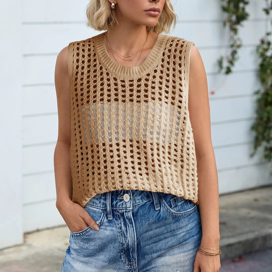 Fisoew Women's Khaki Scoop Neck Crochet Boho Cover Ups - Fisoew
