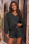 V Neck Solid Sweatsuits With Short Sets