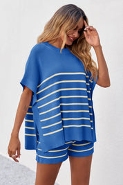 Fisoew Women's Blue Striped Oversized Lounge Short Sets - Fisoew