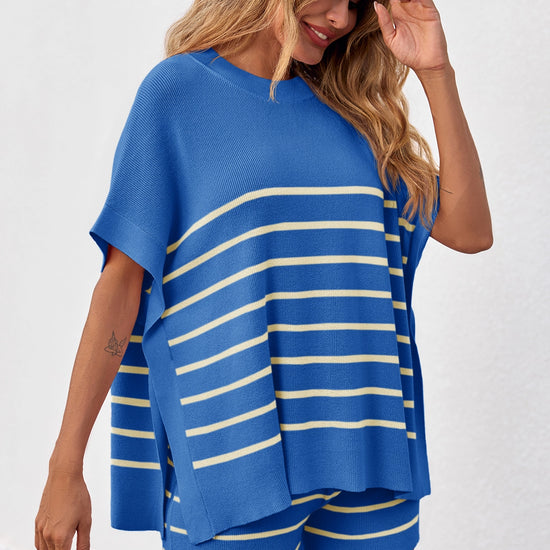 Fisoew Women's Blue Striped Oversized Lounge Short Sets - Fisoew