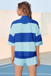 Womens Blue 2 Piece Outfits Striped Sets Fisoew - Fisoew