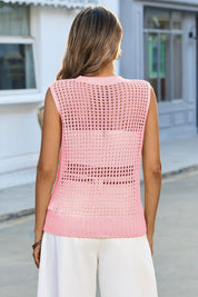 Fisoew Women's Pink Scoop Neck Crochet Boho Cover Ups - Fisoew