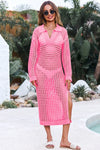 Fisoew Women's Pink Collared Long Sleeve Mesh Knit Maxi Dress - Fisoew