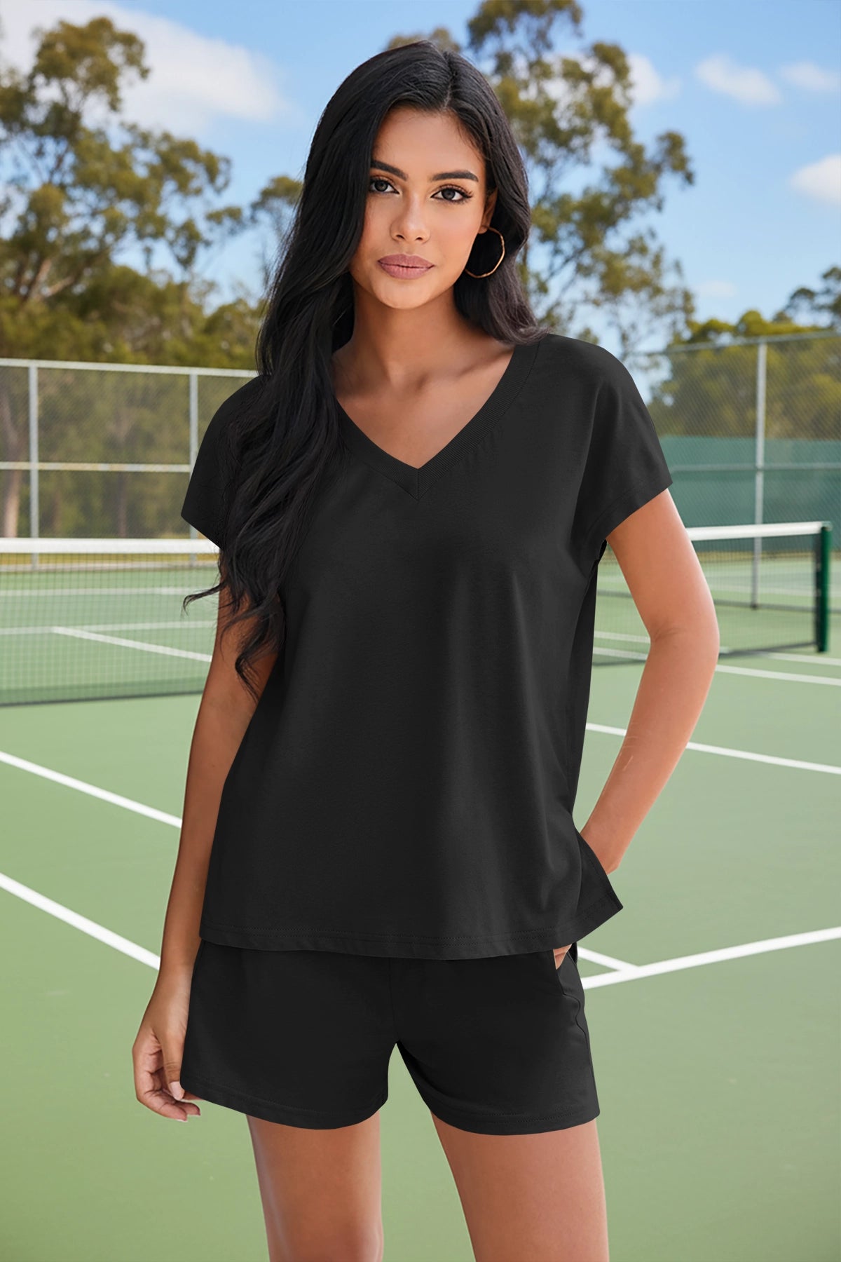 Fisoew Women's Black V Neck 2 Piece Casual Outfits - Fisoew