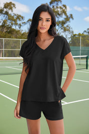 Fisoew Women's Black V Neck 2 Piece Casual Outfits - Fisoew