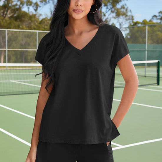 Fisoew Women's Black V Neck 2 Piece Casual Outfits - Fisoew