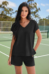 Fisoew Women's Black V Neck 2 Piece Casual Outfits - Fisoew