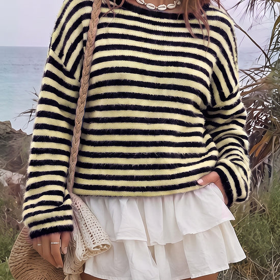 Off Shoulder Striped Knit Pullover - Fisoew