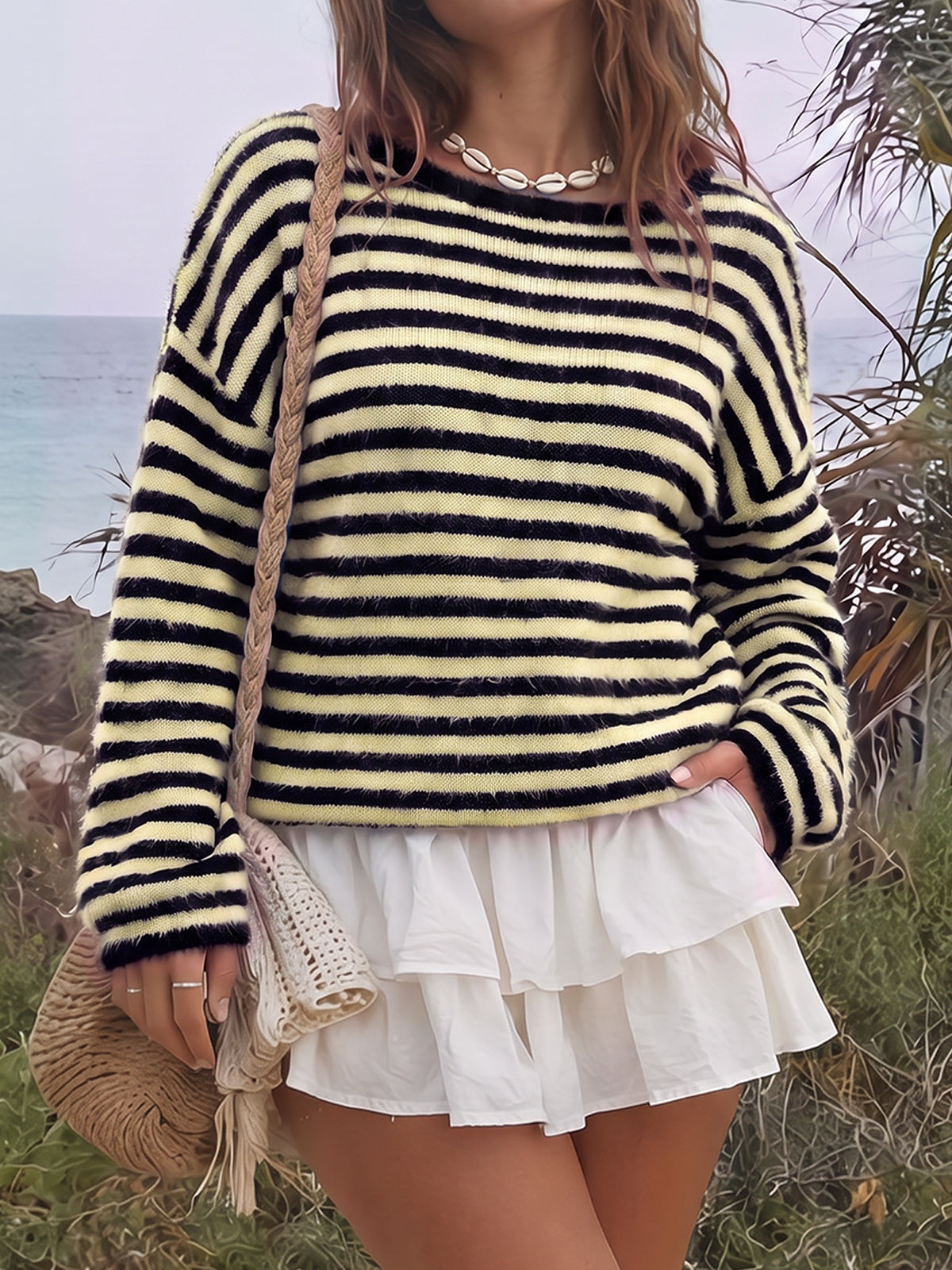 Off Shoulder Striped Knit Pullover - Fisoew