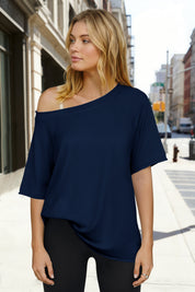 Fisoew Women's  Navy Off The Shoulder Tops Oversized  T-Shirts - Fisoew