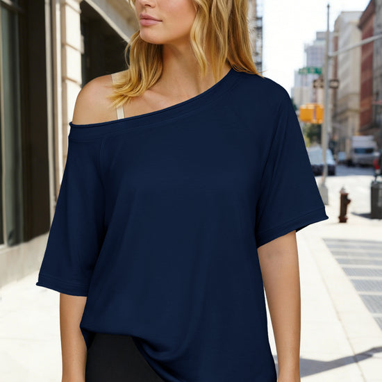 Fisoew Women's  Navy Off The Shoulder Tops Oversized  T-Shirts - Fisoew