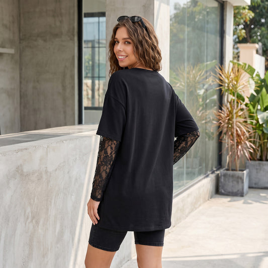 Lace Sleeve Solid Mini Dresses - Fisoew