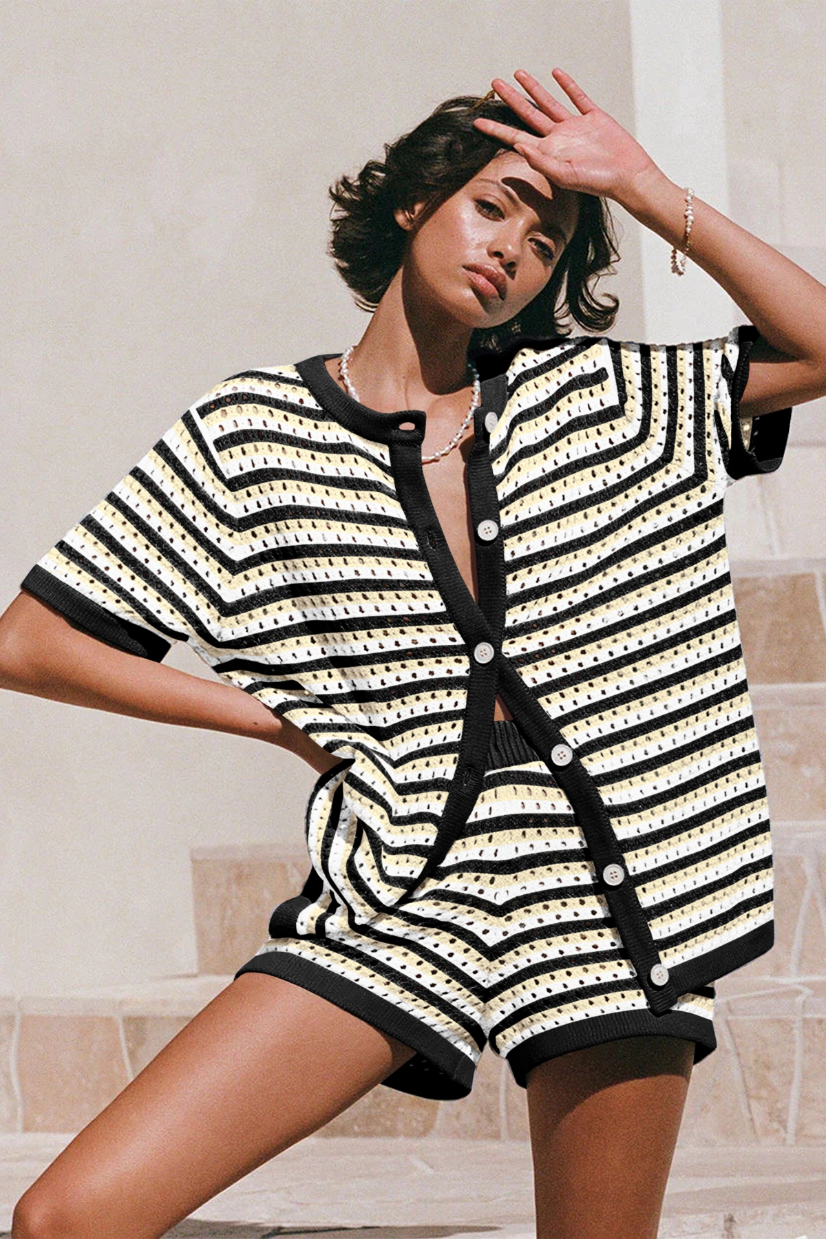 Fisoew Women's Black Crochet Striped Knit Swimsuit 2-Piece Set