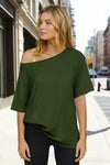 Fisoew Women's Army Green Off The Shoulder Tops Oversized  T-Shirts - Fisoew
