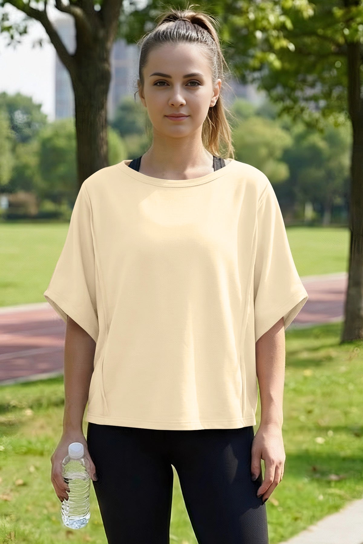 Fisoew Women's Beige Oversized Crop Tops Summer T-Shirt - Fisoew