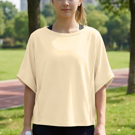 Fisoew Women's Beige Oversized Crop Tops Summer T-Shirt - Fisoew