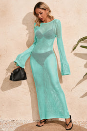 Fisoew Women's Mint Crochet  Long Sleeve Sexy Swimsuit Maxi Dress - Fisoew