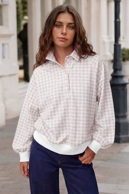 Plaid Print Lapel Neck Crop Sweatshirts - Fisoew
